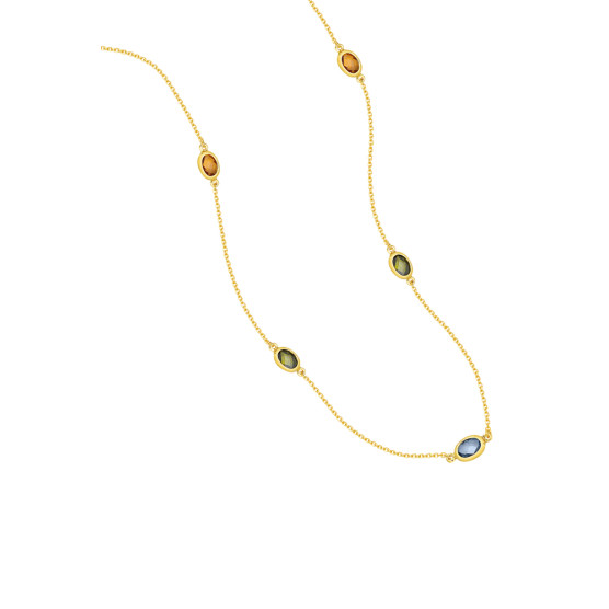 Necklace in yellow gold with double peridot , aqua marine & citrine stones
