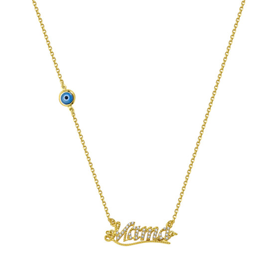 Necklace in yellow gold with an eye element and the word mama 