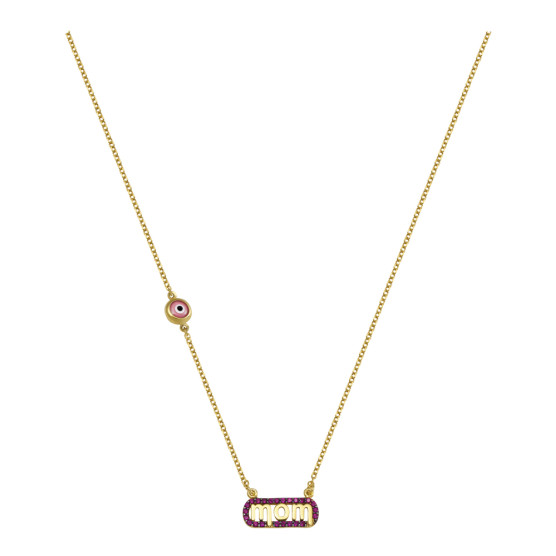 Necklace In Yellow Gold With Eye Details And The Word Mom 