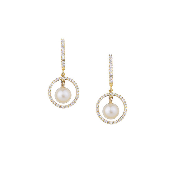 Yellow Gold Pendant Earrings With Zircon And Pearl