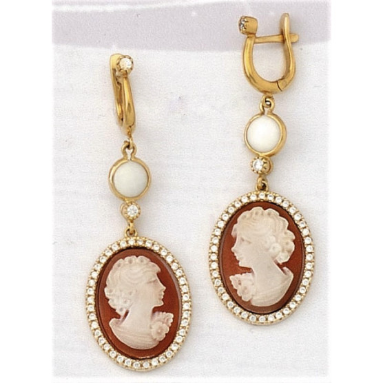 Earrings with mother of pearl, cameo and white zircons