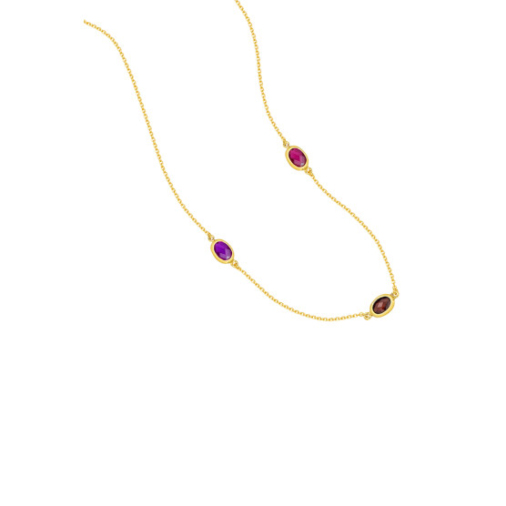 Necklace in yellow gold with double amethyst , rubin & brown topaz stones